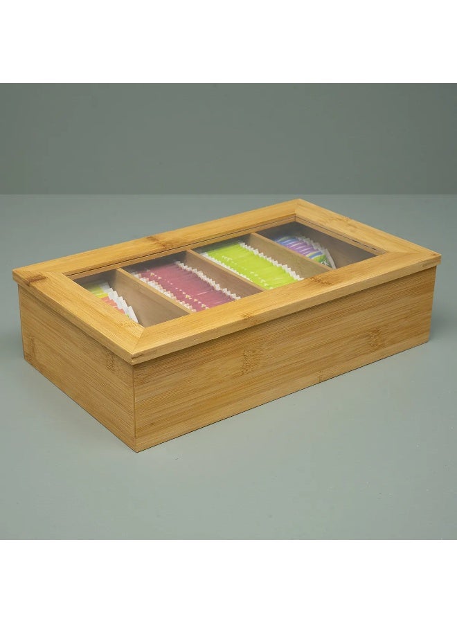 صندوق شاي خشبي أنيق بـ4 حجرات كبيرة وغطاء شفاف زجاجي، يرتب أكياس الشاي، الأعشاب، القهوة أو التوابل في مكان واحد، مثالي لتنظيم المطبخ أو المكتب بتصميم عصري ومتين. - Image 5